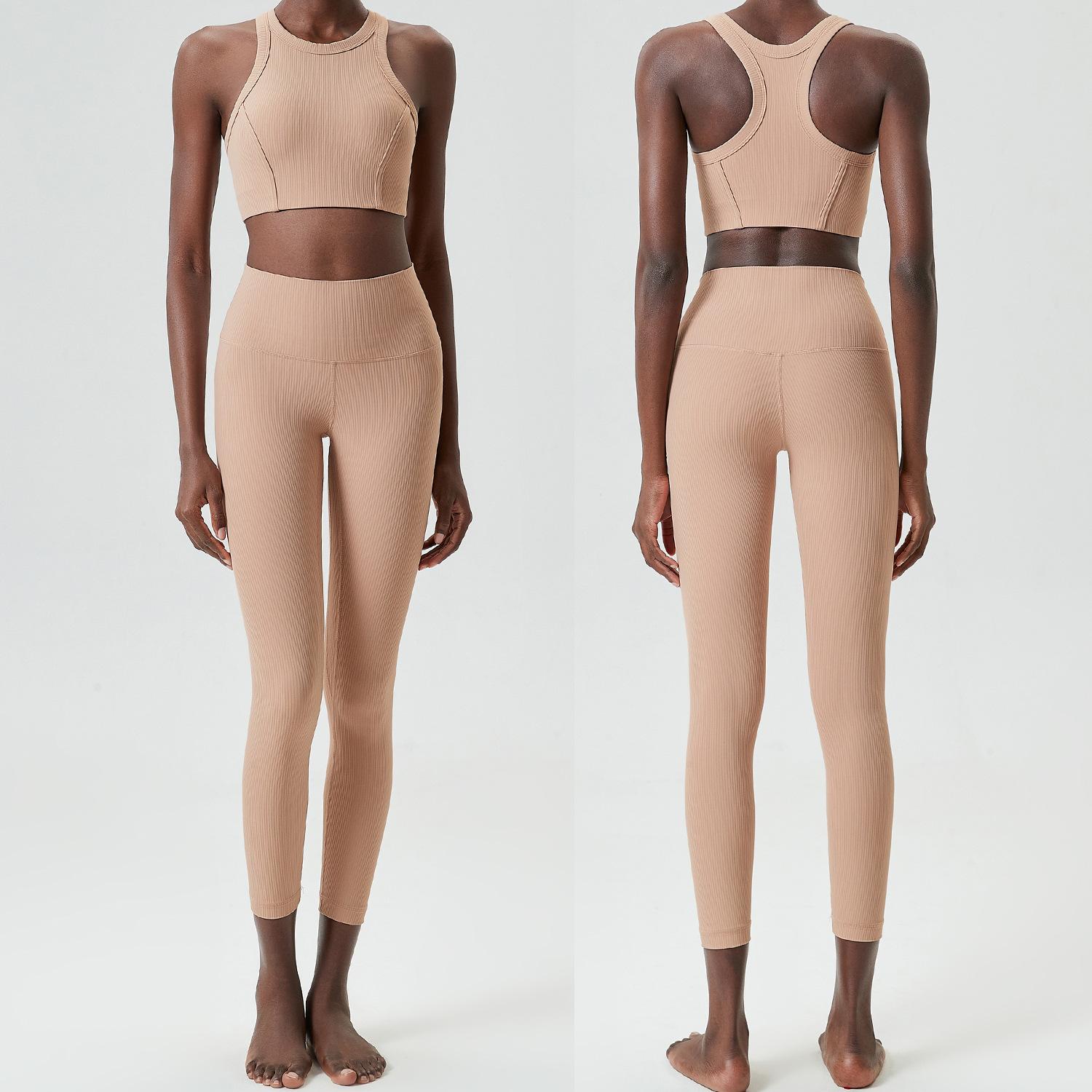 

Спортивный костюм с высокой ударопрочностью для женщин, комплект из двух частей из ребристой ткани для фитнеса и йоги, облегающий эластичный спортивный костюм для бега, одежда для тренировок S розовый