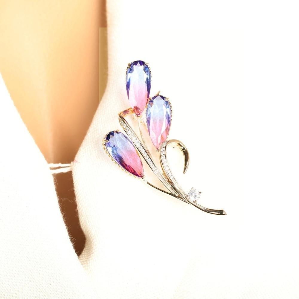 Flower Leaf Brooches Gold Pink Blue Rhinestone Wedding Bridal Bouquet Accessories Fine Copper Brooch