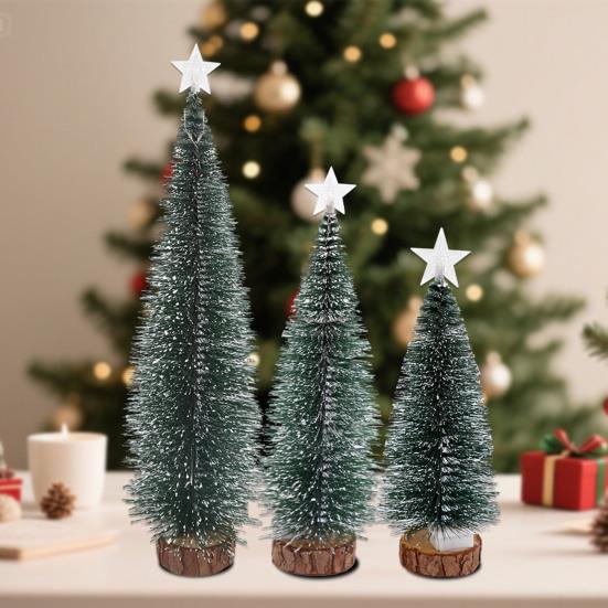 Mini Christmas Tree Small Artificial Snow Flocked Pencil Tree with LED Lights Tabletop Tree Ornaments with Wooden Base for Xmas Home Decor