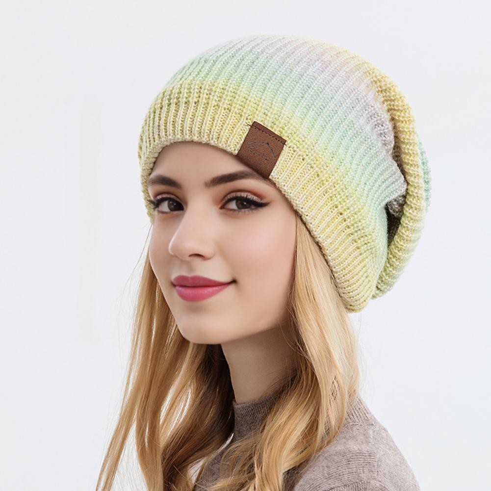 Women Winter Knitted Hat Thickened Tie Dye Gradient Rainbow Color Warm Anti Slip Windproof High Elasticity Ear Outdoo