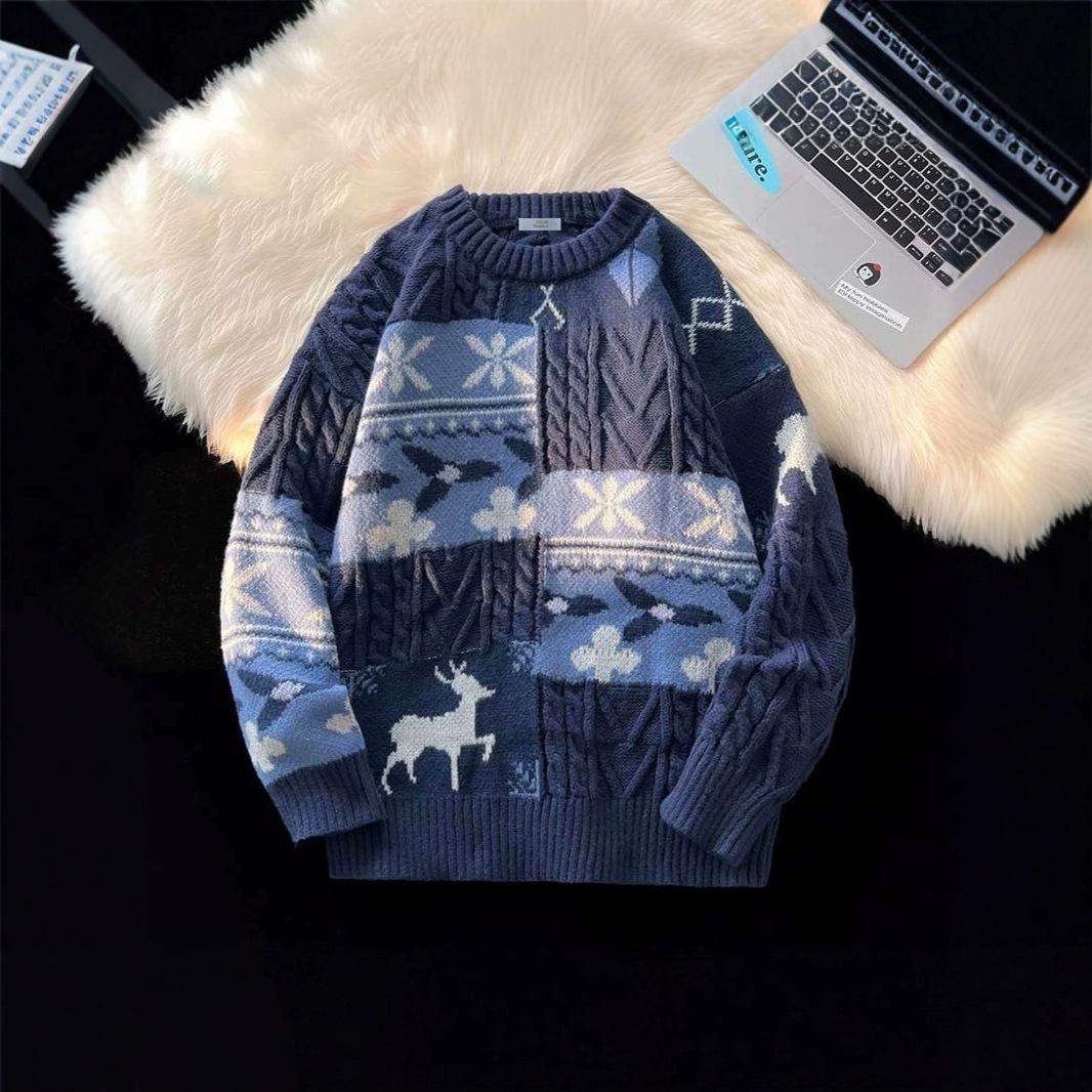 

Мужской свитер премиум-класса, модный, крупной вязки - стиль осень/зима: Ретро американское Рождество и японский ленивый трикотаж Medium синий