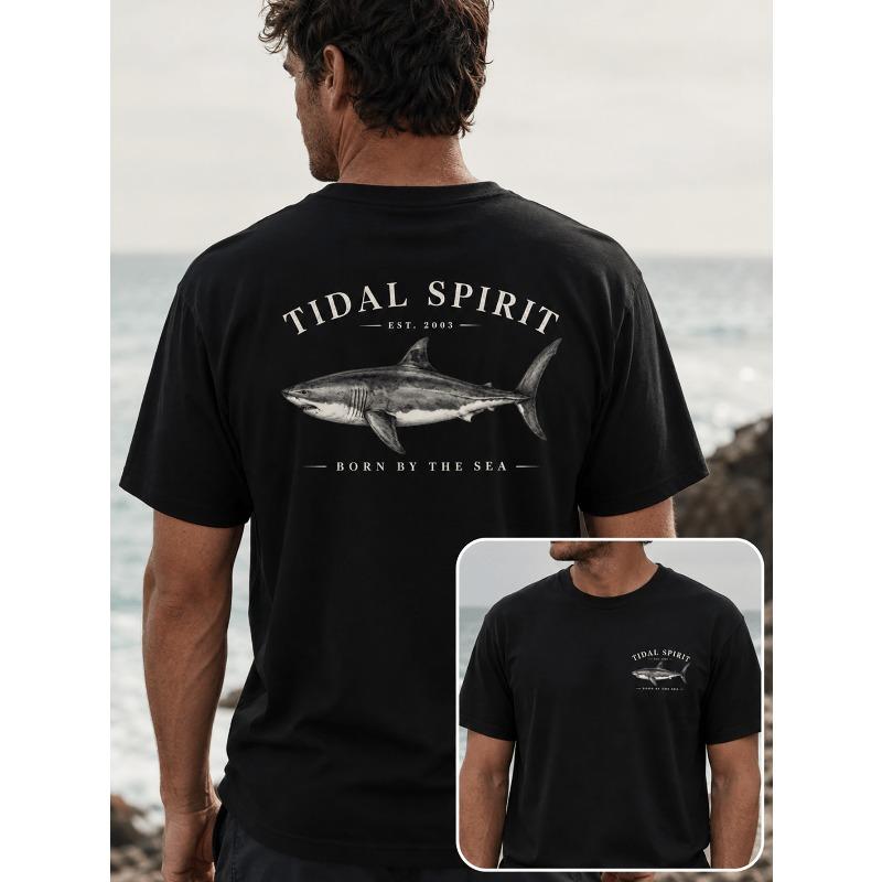 Men'S Shark T-Shirt, Short Sleeve Funny T-Shirts, Ocean Shark Line Drawing Graphic Tees, Fishing Enthusiast Casual Top, DAD T-Shirts, Men'S T-Shirt