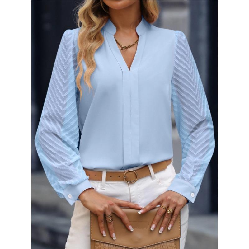 JKASHDK Damenmode, lässig, Frühling und Herbst, einfarbig, langärmelig, V-Ausschnitt, Blusen und Hemden