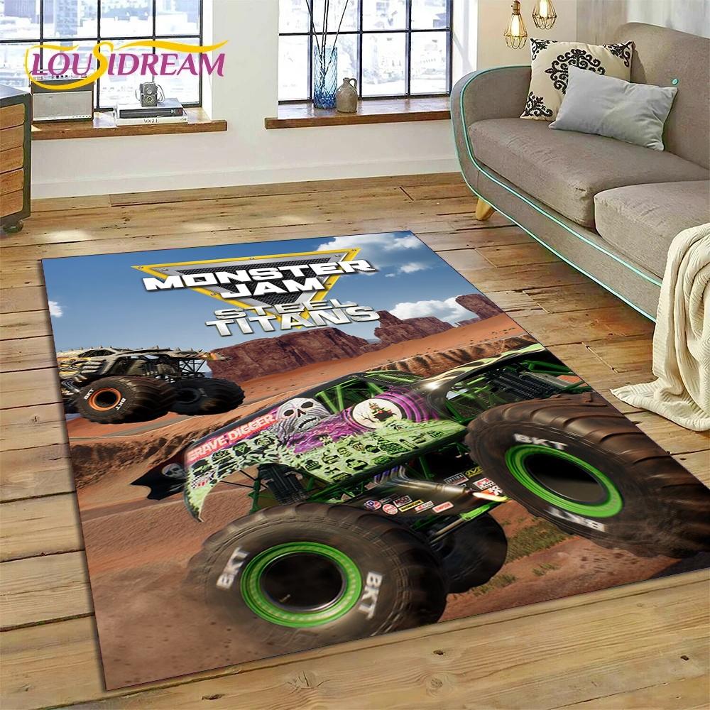 Monster Truck Monster Jam Cartoon Teppich für Wohnzimmer Schlafzimmer Heimdekoration, rutschfeste Bodendekoration für Sofa Fußmatte