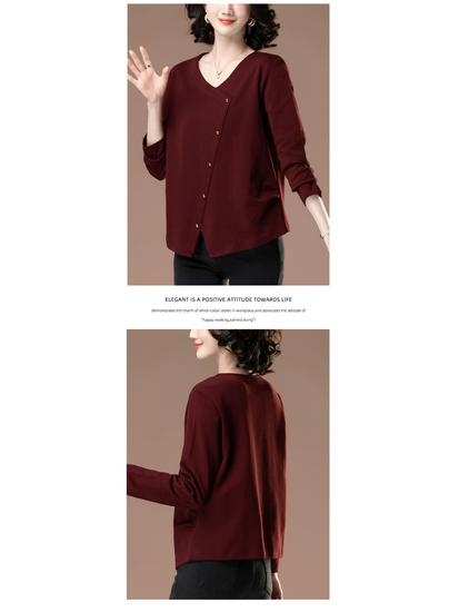 Damen Übergröße V-Ausschnitt Langarm Locker geschnittenes T-Shirt für Frühling & Herbst - Schlankmachende, Bauch kaschierende Basisschicht (Stil 6318)