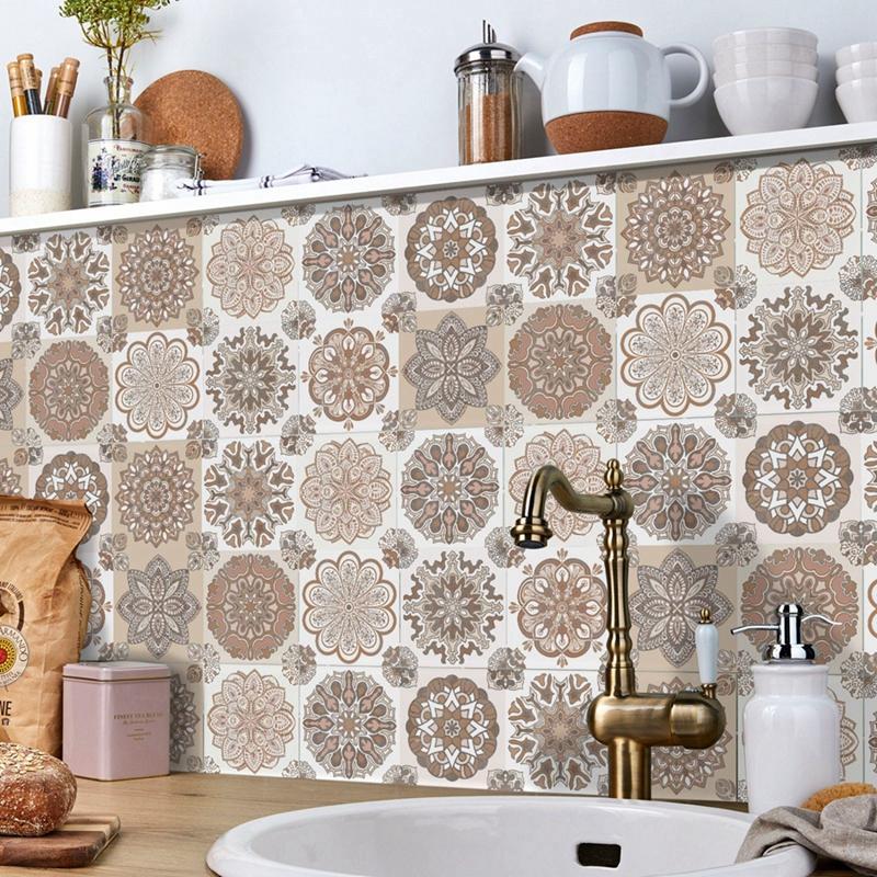 24pcs Waterproof Wall Sticker Art Retro Mandala Tile Stickers Wall Stickers Living Room Decor Bathroom Kitchen Decoration