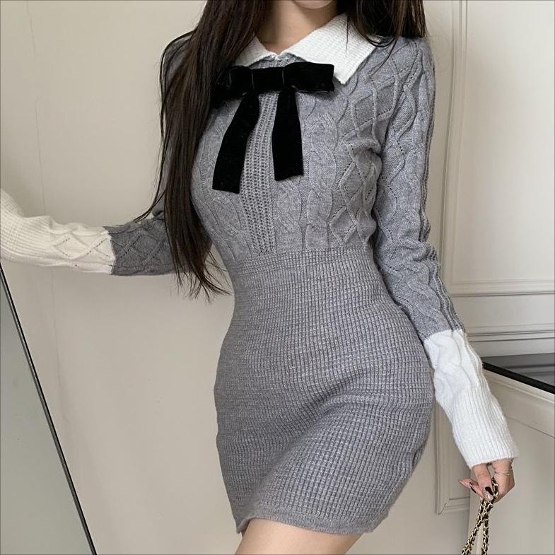 

2022 Новая женская трикотажная юбка с длинным рукавом в студенческом стиле — корейская версия для осени/зимы One Size серый