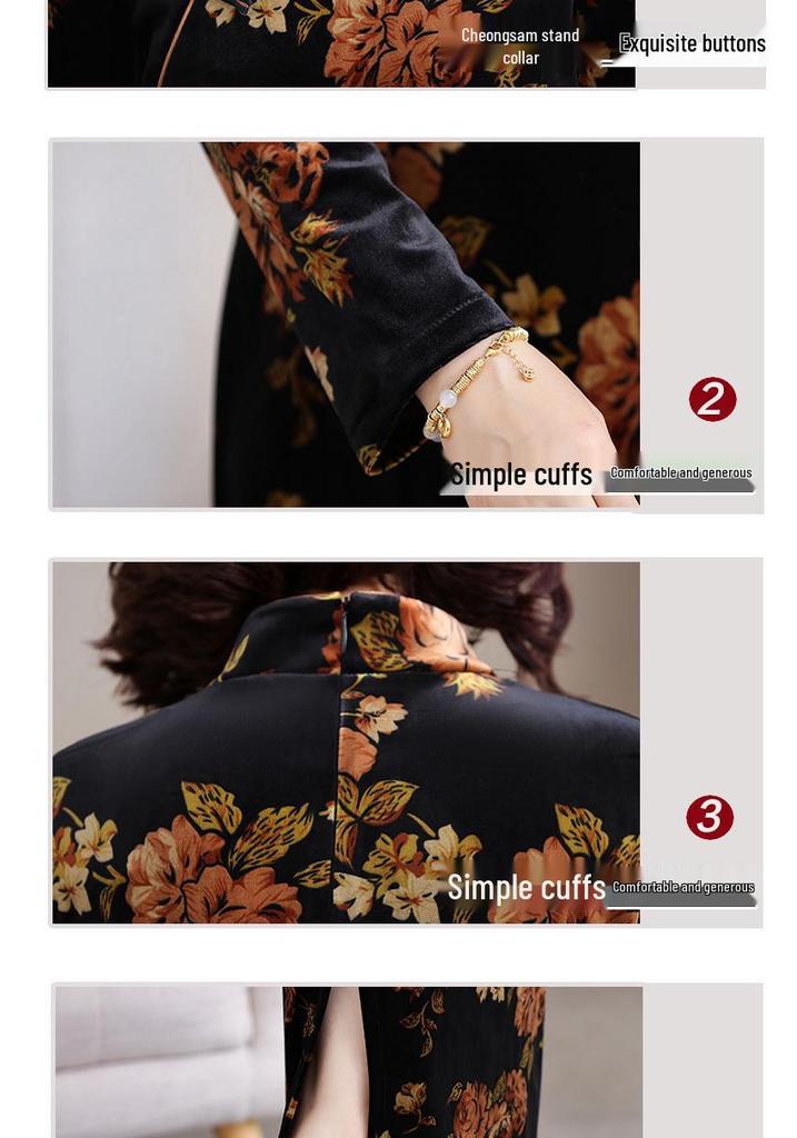 Elegant Golden Velvet Qipao Dress for Middle-Aged and Elderly Women - Waist-Cinching, Mid-Length, Perfect for Spring and Autumn