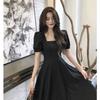 Square Collar Dress Summer French Hepburn Style Small Black Dress Retro Fat Sister High-end Temperament Socialite Long Dress