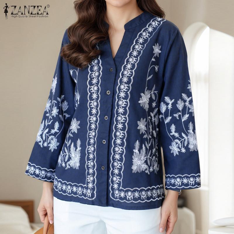 ZANZEA Ethnic Print Casual V-Neck Long Sleeve Women Blouse