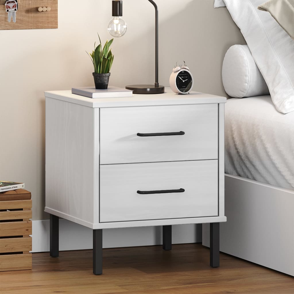 Nightstand OSLO with Metal Legs White Solid Pine Wood