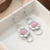 Vintage Silver Color Oval Inlaid with Pink Stones Earrings Metal Carving Flower Dangle Earrings for Women Jewelry