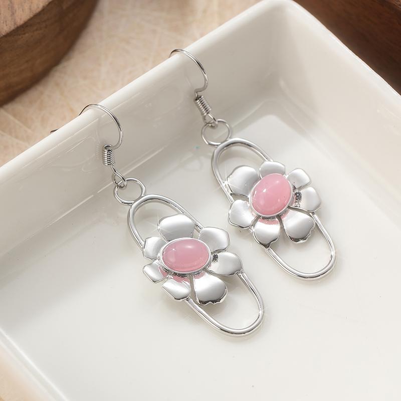Vintage Silver Color Oval Inlaid with Pink Stones Earrings Metal Carving Flower Dangle Earrings for Women Jewelry