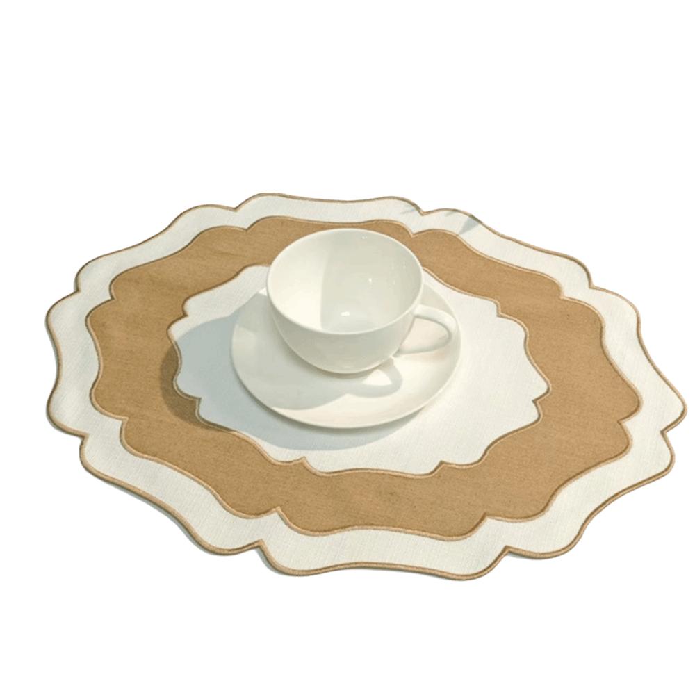 Wear Resistant Scalloped Linen Placemat Machine Washable Textured Dining Placemat  Dining Table