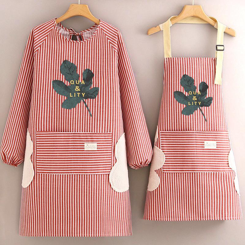 Cotton and Linen Long-sleeved Apron Kitchen Home Breathable Anti-fouling Cooking Apron Smock for Women