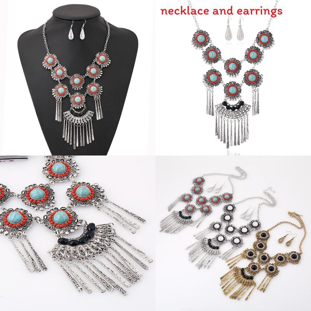 Ethnic Style Simulation Gemstone Decor Women Round Flower Necklace With Tassel For Boho Style Jewelry