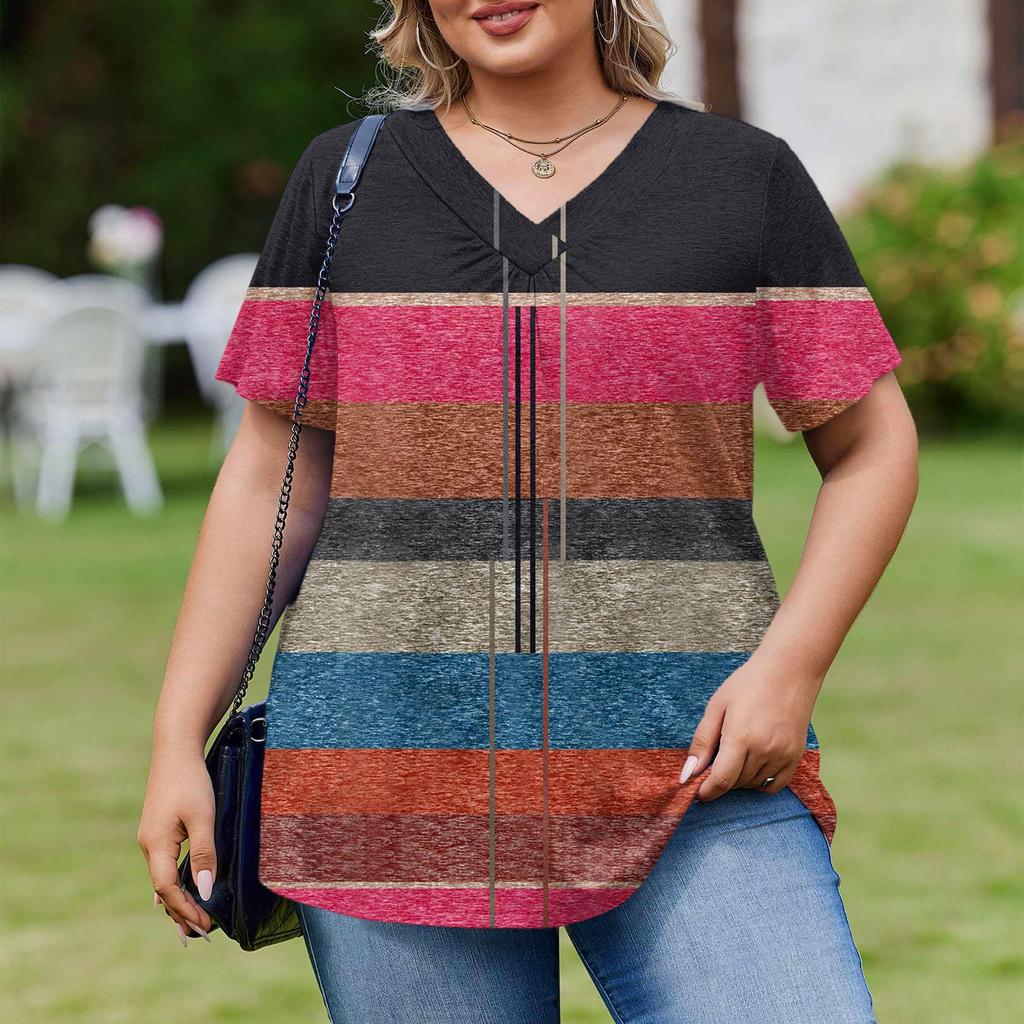 Women's Plus Size Fashionable Casual Loose-Fit Short Sleeve Elegant V Neck Blouse For Work