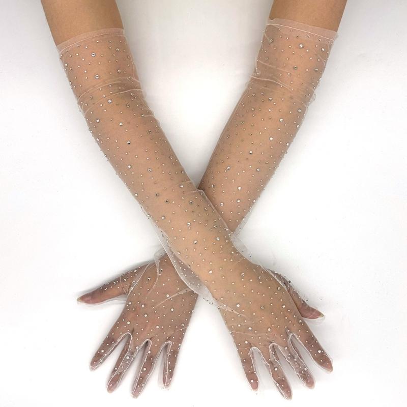Elegant White Lace Gloves With Rhinestones Embellishments For Weddings Evening Event And Prom Occasion