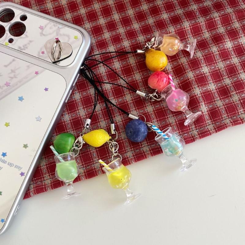 Miniature Drink Cup Keychain with Fruit Pendant Beaded Keyring Bag Accessories Gift for Women and Girls