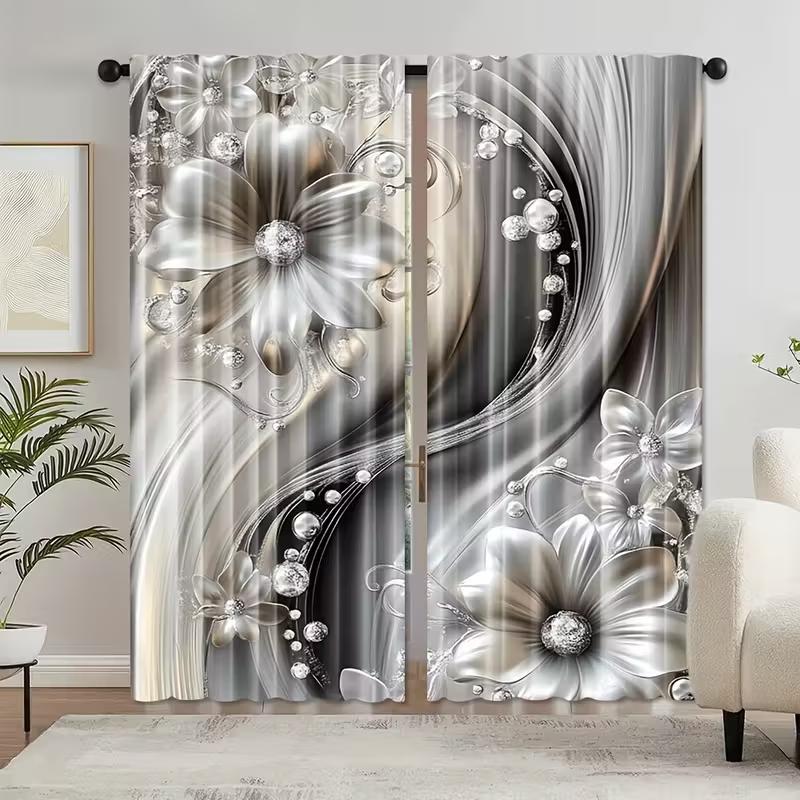 2 Stück Glas-Vorhänge mit Silberdruck, Stangentaschen-Design, Sichtschutz, geeignet zur Dekoration verschiedener Szenen