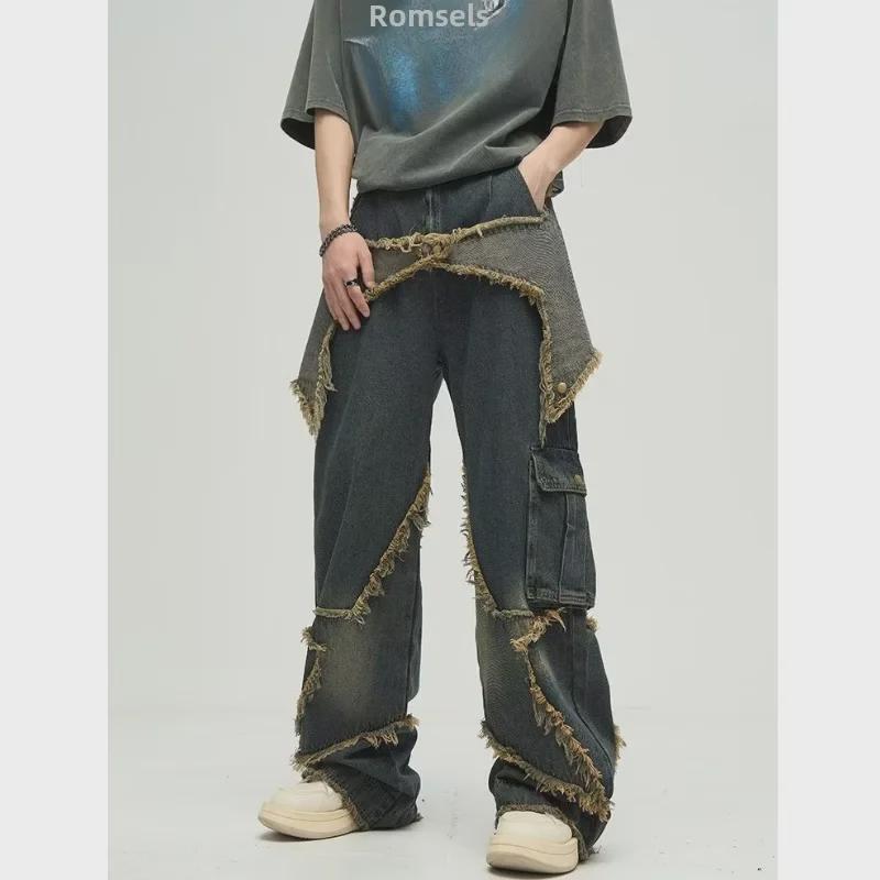 Men's Retro Wide-Leg Jeans with Pentagram Design, Distressed Wash, Big Pockets, and Raw Edges.