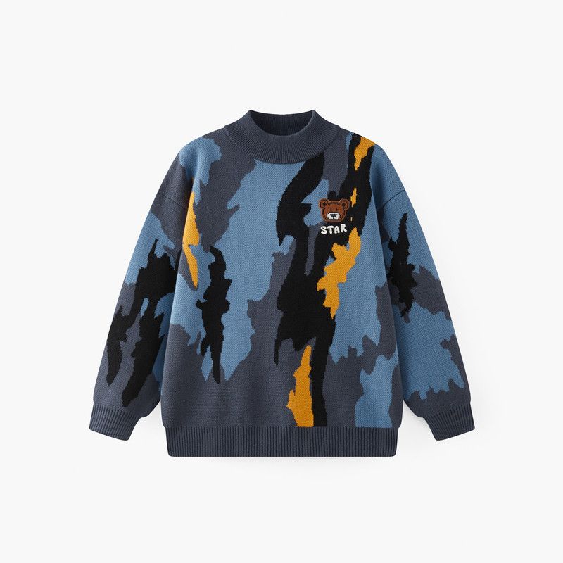 [Vip] Mqd Детская одежда Мальчиковый свитер 2025 Зима Новый стиль Детский свитер с цветовыми блоками и граффити, утолщенный, теплый, с воротником-стойкой Tibetan Blue 120