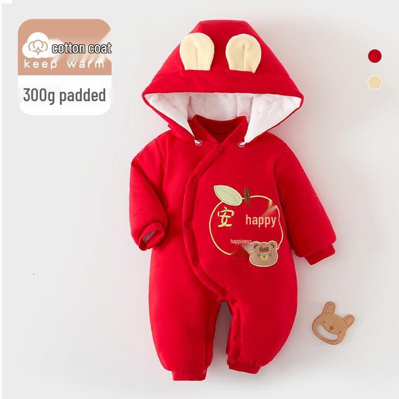 

Festive Red Baby Jumpsuit: Thick, Padded 300g Cotton for Winter, Perfect 100-Day or Full Moon Gift 73cm [suitable for 14-17 pounds]