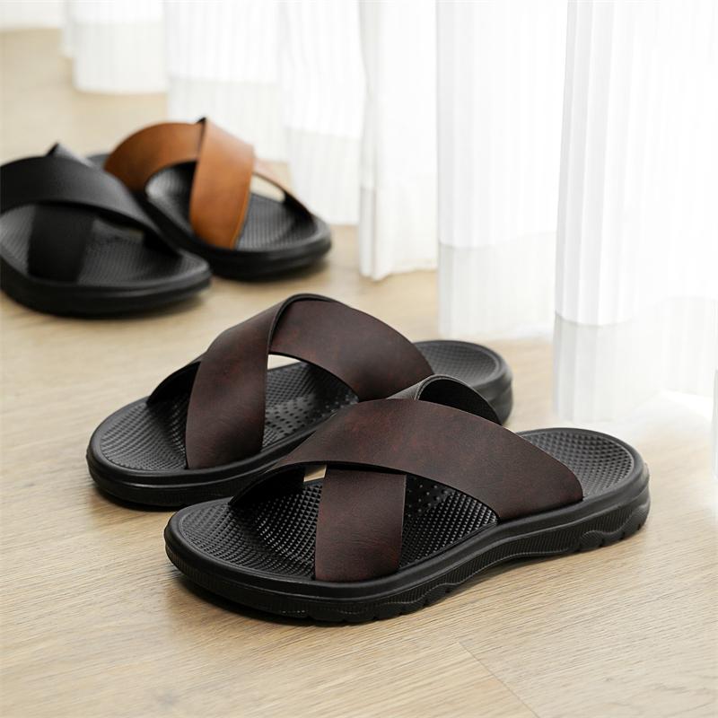 Fashion Men Shoes New Summer Shoes Italian Leather Slippers Men High Quality Size 38-47 Beach Slip On Flats Man Flip Flops Mens Sandals