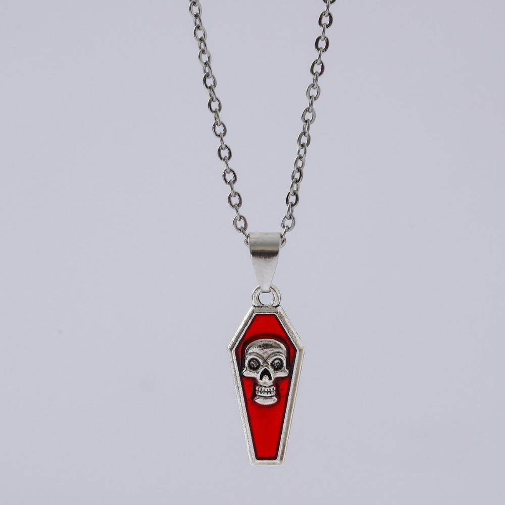 Hip-hop Punk Red Skull Cross Thorny Heart-shaped Pendant Sliver Color Chain Necklace for Women Halloween Party Goth Jewelry Gift