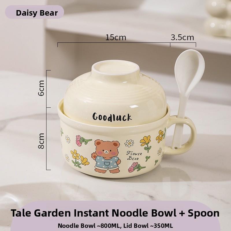 Ceramic Instant Noodles Bowl with Lid And Handle Dormitory Student Microwave Safe Soup Bowl Personal Special Bowl Cartoon Design
