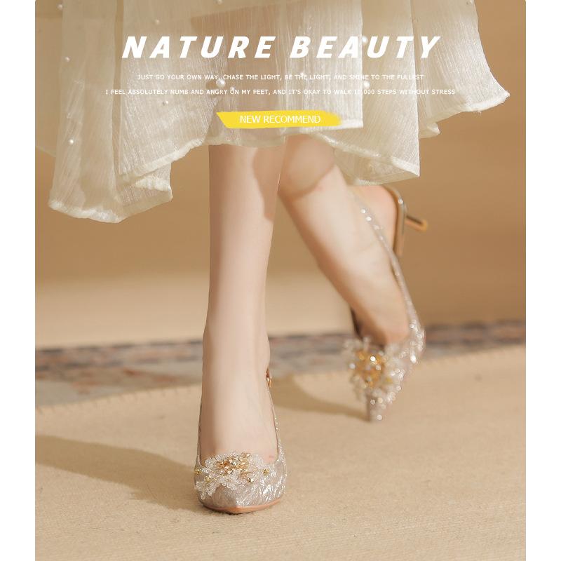 7520-2 [sheepskin] high heels women's thin heels 2025 new pointed temperament crystal wedding shoes empty sandals