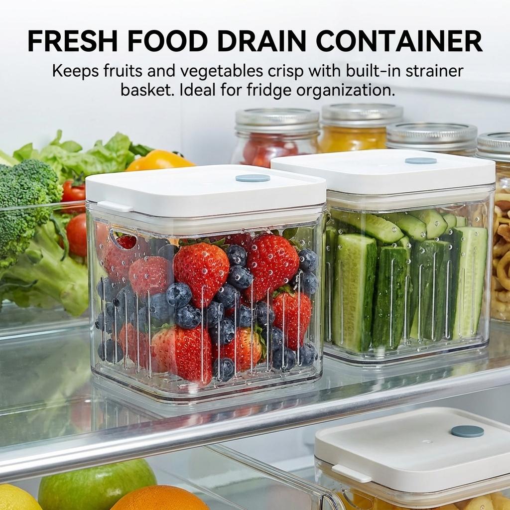 Vegetable And Fruit Storage Container With Draining Function For Refrigerator Kitchen Use