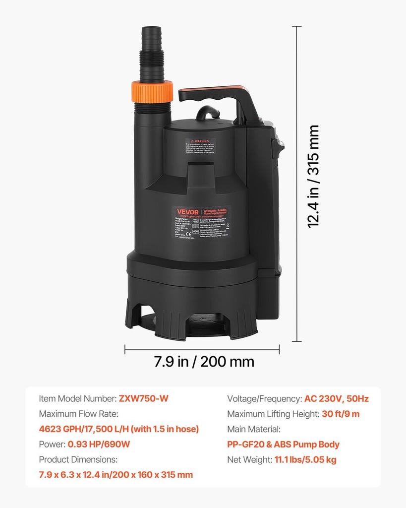 690W Submersible Sump Pump, 17500 L/H, PP-GF20 Submersible Sewage Dirty Clean Water Pump with Automatic Float Switch, Long Cord, 9M Max Lift, for