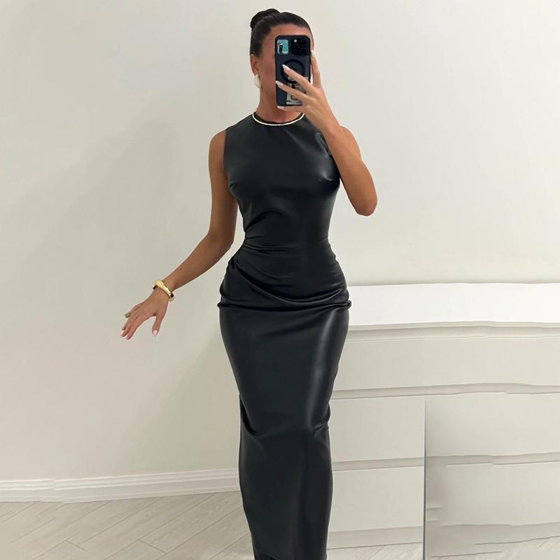 Sexy PU Leather Bodycon Dress Women Round Neck Solid Retro Sleevless Long Dress Y2k Leather High Waist Evening Party Dress 2026