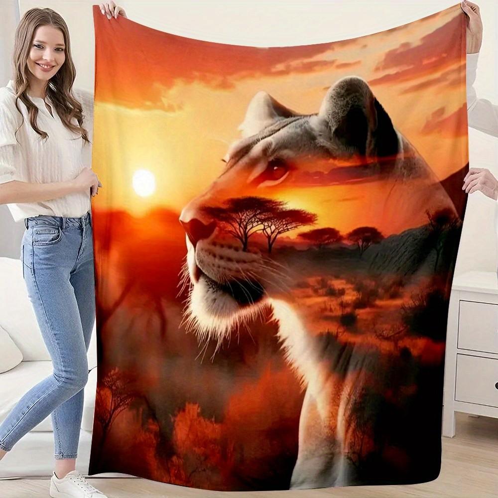 

280gsm Heavyweight Flannel Blanket - African Savannah Lion & Cheetah Print Throw, Dual-Sided All-Season Bedspread, Soft Machine 130x150cm