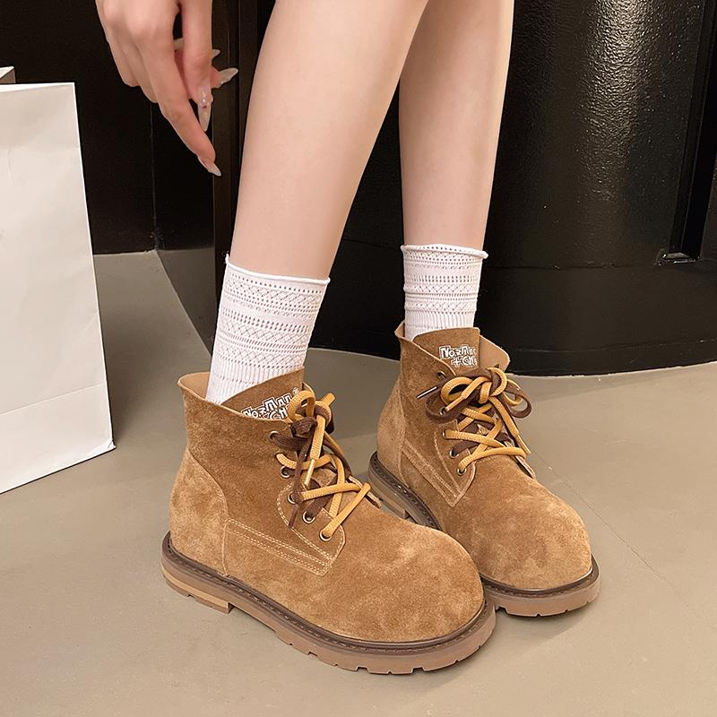 Fashion Short-thigh Boots Autumn New Round Toe Front Lace-up Platform Anti-slip Wear-resistant Single Boots