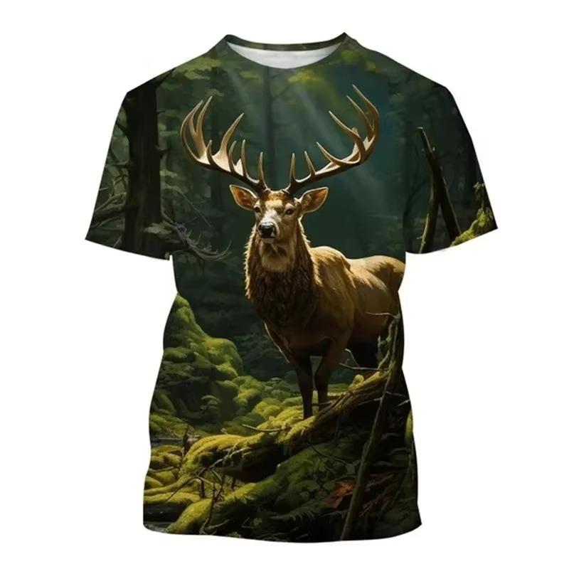 Hirsch 3D-Druck T-Shirt Lustige Tierjagd Grafik Kurzarm Rundhals T-Shirt Herren Outdoor Trend Persönlichkeit Tees