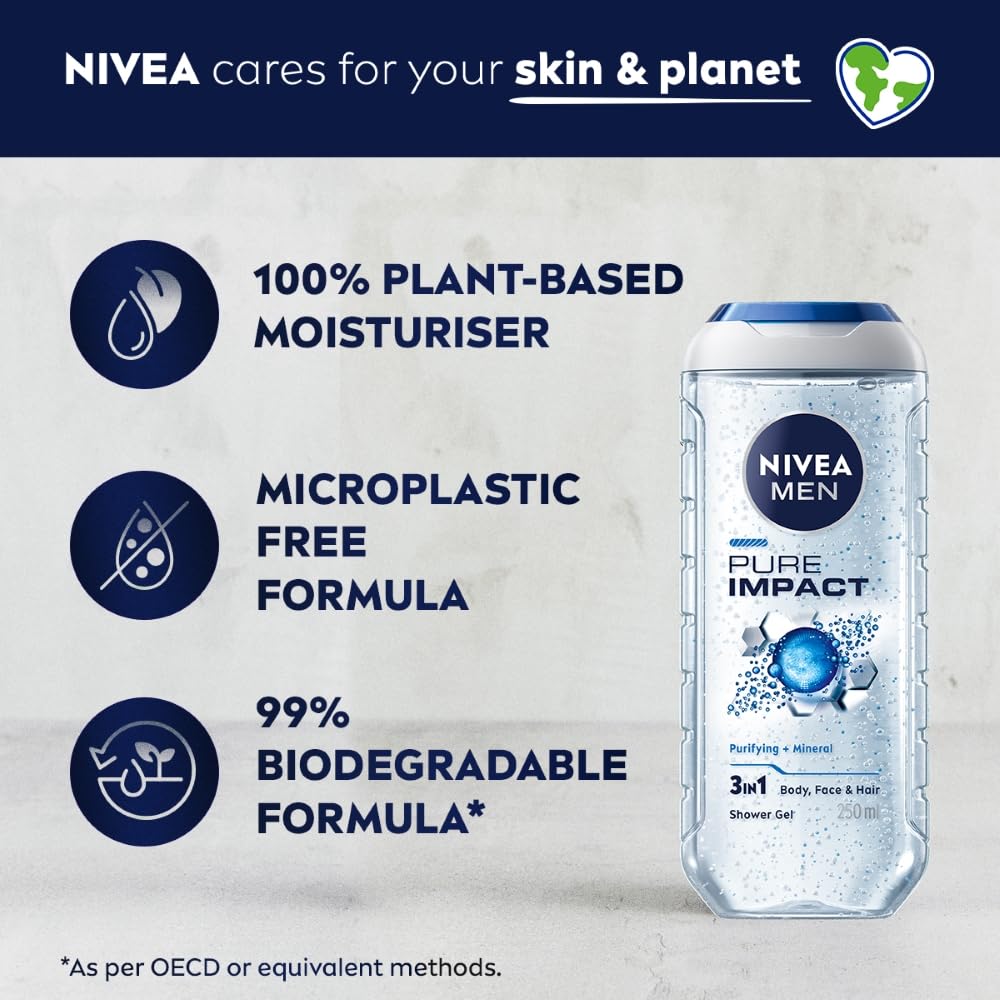 Nivea Männer Pure Impact Duschgel 500ml 3-in-1 Körper Gesichts Haarwäsche Mit Frischem Duft Und Feuchtigkeitsspendender Reinigung