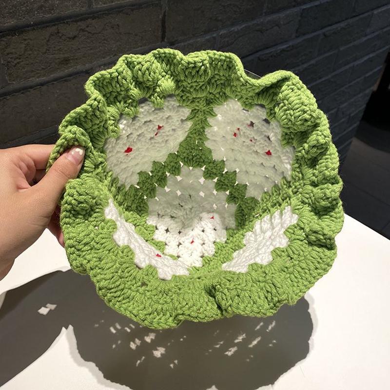 Women Cherry Theme Stretchy Knitted Hat Fashion Hollow Ruffles Vibrant Bucket Hat Bowler Hat Handmade Crochet Cute 58cm