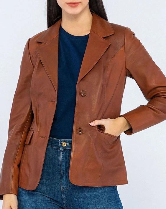 Formal Women Blazer Party Handmade Real Lambskin Leather Brown Stylish Designer