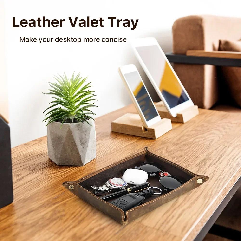 Genuine Leather Storage Trays Cowhide Square Tray Key Wallet Coin Organizer Home Office Desktop Storage Sundries Box