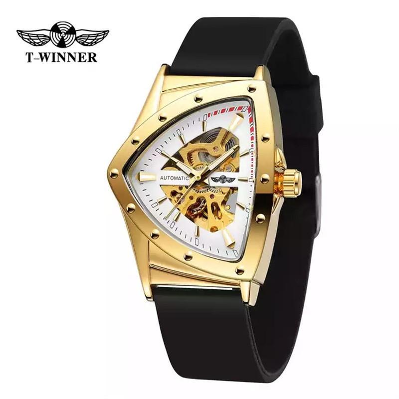Mens Fashion Casual Automatic Mechanical Watch With Hollow Triangle Dial Heart Shape Stainless Steel Buckle
