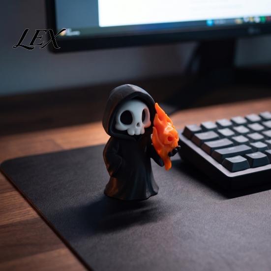 Small Gothic Room Accessories Cute Grim Reaper Halloween Figurine, 3D Printed Spooky Little Fun Party Tabletop Ornaments Statue with Flame Skull,
