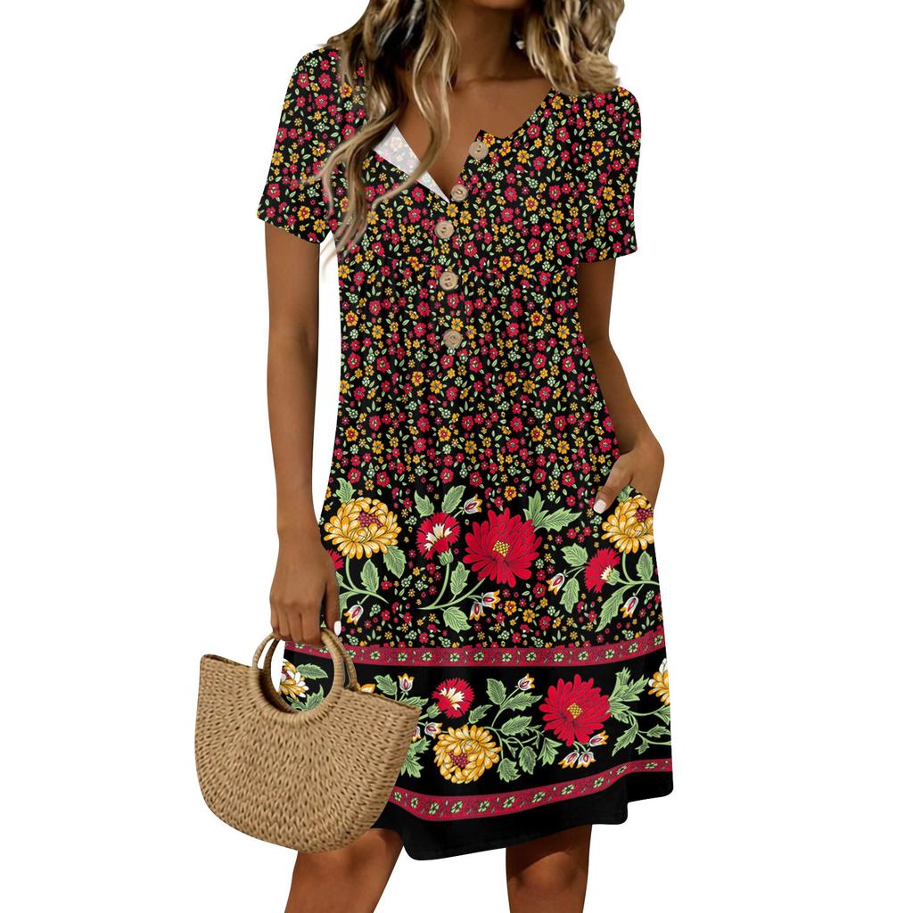 Dámske módne retro potlačené okrúhle výstrihové krátke rukávy s gombíkmi na ležérne šaty