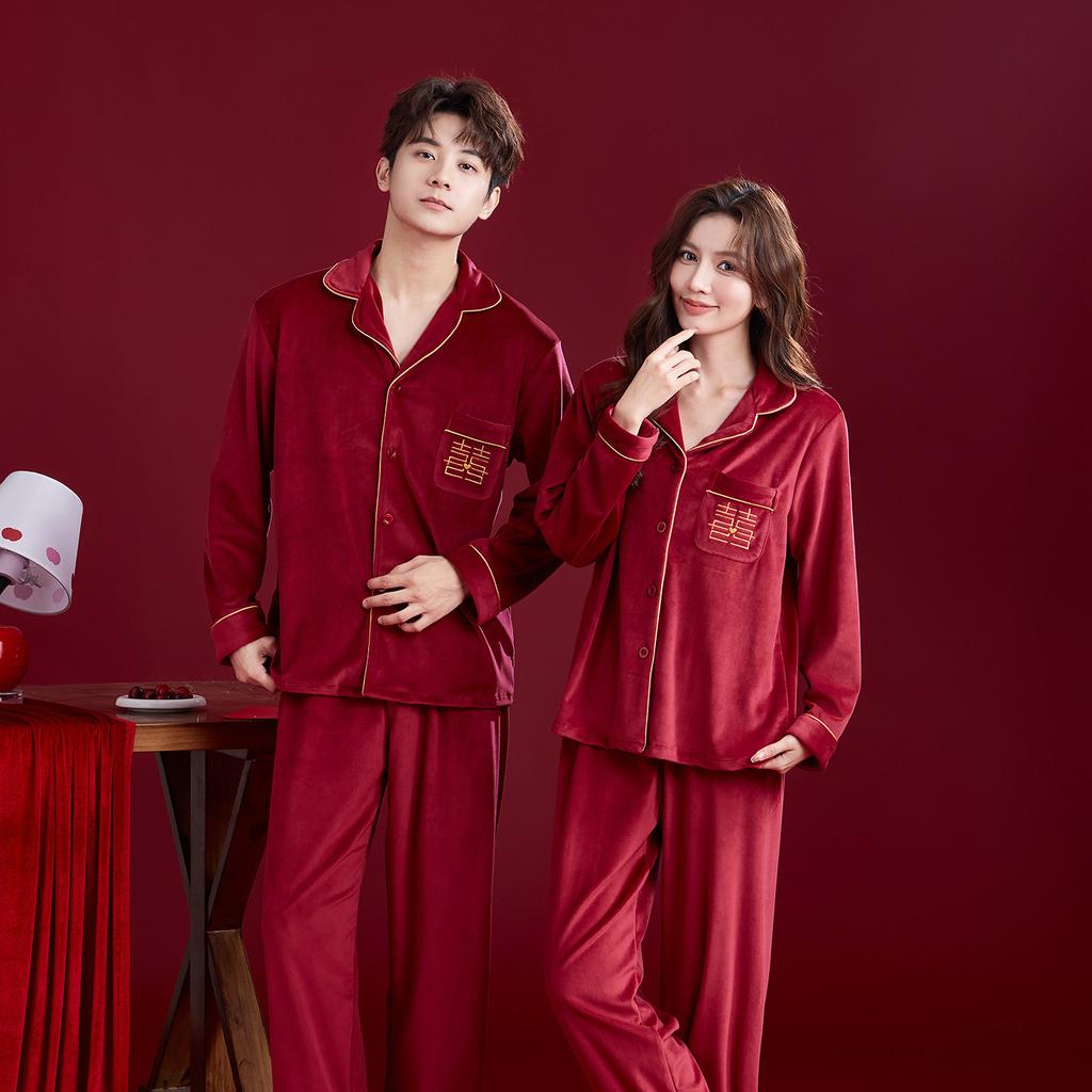 Wedding pajamas newlywed couple suit women's autumn and winter red island fleece warm flannel men's loungewear