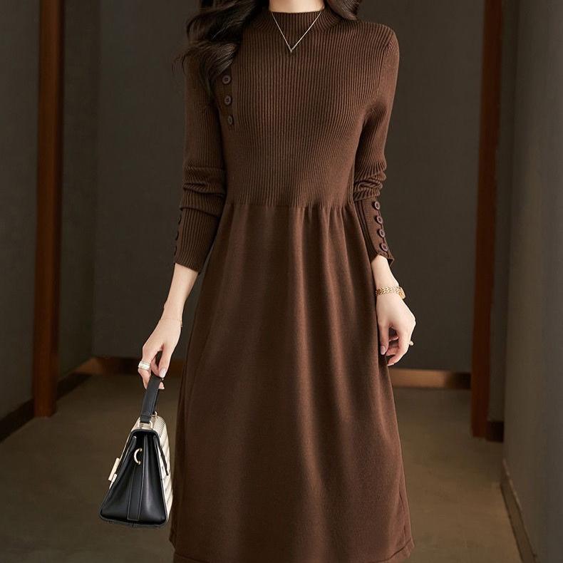 Rochie Tricotată de Toamnă și Iarnă pentru Femei Lungime Medie Rochie Pulover Culoare Solidă Pulover Tricotat cu Guler Mediu