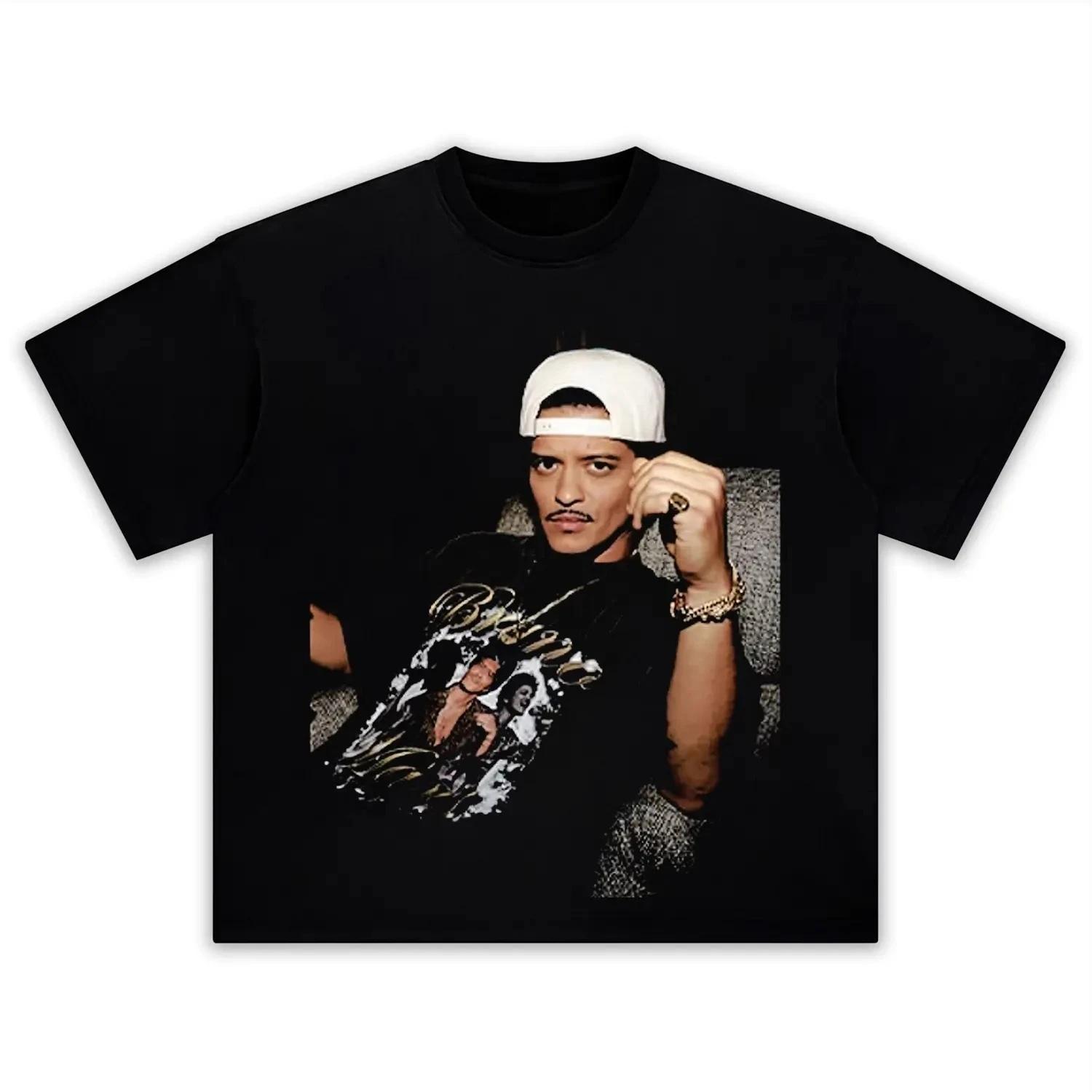 

Bruno Mars Portrait Pattern Printed T-shirt, Hip-hop Men s and Women s Universal Short-sleeved Casual Shirt S чёрный
