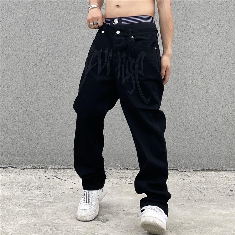 Unisex Black High-Waist Straight Jeans with Retro Embroidered Letters - Hip-Hop Street Style