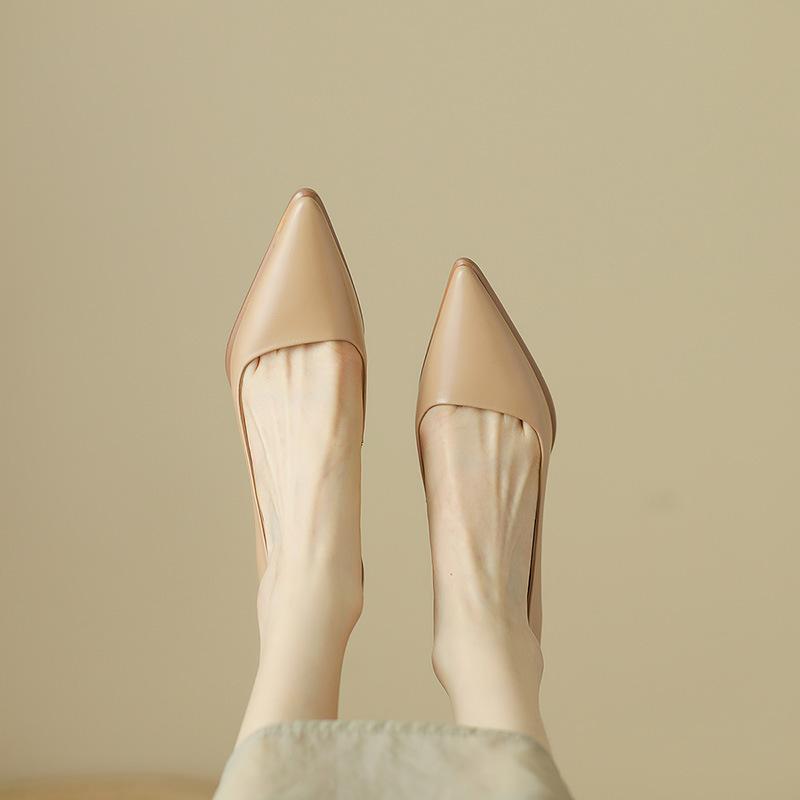 

Nude high heels women s thick heels pointed French new work professional cheongsam full leather women s shoes spring single shoes 34