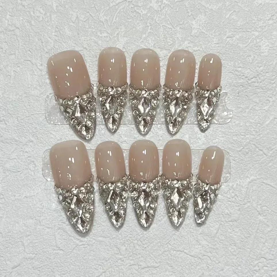 10 Pcs Long Almond Handmade Press On Nails With Rhinestones Reusable Stick On False Nails